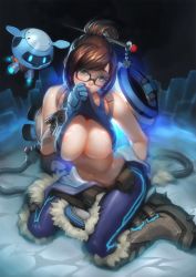Rule 34 | 1girl, areola slip, bag, beads, belt, belt pouch, black-framed eyewear, blizzard (company), blue pants, blue theme, boots, breasts, brown eyes, brown hair, cable, cleavage, clothes lift, coat, crying, eyelashes, fur trim, gauntlets, glasses, glowing, hair bun, hair ornament, hair stick, head tilt, highres, large breasts, lifted by self, looking at viewer, machinery, matching hair/eyes, mei (overwatch), navel, no bra, on ground, overwatch, overwatch 1, pants, pouch, red lips, robot, shade, shiny skin, shirt lift, single hair bun, sitting, sleeveless, snowball (overwatch), solo, spikes, stomach, tank top, tears, wariza, wiping tears, xiao duzi