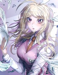 Rule 34 | 1girl, absurdres, ahoge, akamatsu kaede, artist name, beamed eighth notes, blonde hair, breasts, collared shirt, danganronpa (series), danganronpa v3: killing harmony, eighth note, floating, floating object, fortissimo, grey background, hair ornament, hairclip, hand up, highres, holding, large breasts, long hair, long sleeves, musical note, musical note hair ornament, necktie, nika kapustka, paper, parted lips, pink eyes, quarter note, shirt, skirt, solo, sweater vest, teeth, upper body, white shirt