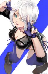 Rule 34 | 1girl, angel (kof), aqua eyes, black jacket, blue background, blurry, blurry background, breasts, chaps, cleavage, collarbone, cropped jacket, crotchless, crotchless pants, eyes visible through hair, from above, hair over one eye, highres, jacket, looking at viewer, looking up, medium breasts, pants, sentinel 1570, short hair, snk, solo, the king of fighters, white background, white hair