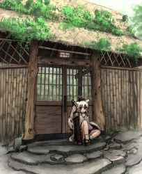 Rule 34 | 1girl, animal ears, bare legs, building, door, full body, gate, geta, hat, highres, house, inubashiri momiji, ivy, kibisake, long sleeves, looking at viewer, open mouth, outdoors, overgrown, plant, pom pom (clothes), red eyes, red hat, rock, shield, shirt, short hair, sitting, skirt, solo, stairs, sword, tail, tokin hat, touhou, weapon, white hair, wolf ears, wolf tail