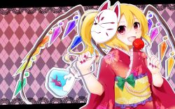 Rule 34 | 1girl, alternate costume, animal print, bag, beads, blonde hair, border, bow, butterfly print, candy apple, checkered background, fang, fingernails, fish, flandre scarlet, food, fox mask, highres, himeno (kujousyuon), japanese clothes, kimono, lace, lace border, letterboxed, looking at viewer, mask, nail polish, obi, open mouth, ornate border, plastic bag, red eyes, red kimono, sash, sharp fingernails, short hair, side ponytail, solo, touhou, wings, yukata