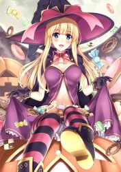 Rule 34 | 1girl, blonde hair, blue eyes, blush, boots, breasts, breasts apart, candy, cape, choker, cookie, doughnut, fang, food, full moon, halloween, hat, jack-o&#039;-lantern, lollipop, long hair, macaron, moon, navel, original, oversized object, red ribbon, ribbon, ribbon choker, sitting, skirt hold, solo, striped clothes, striped thighhighs, thighhighs, witch hat, wrapped candy, yukikaze (aaassszzz)