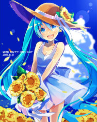 Rule 34 | 10s, 1girl, 2015, :d, absurdres, aqua eyes, aqua hair, bad id, bad pixiv id, bouquet, cloud, dated, day, dress, flower, happy birthday, hat, hatsune miku, highres, long hair, looking at viewer, nou (nounknown), open mouth, sky, smile, solo, sun hat, twintails, very long hair, vocaloid