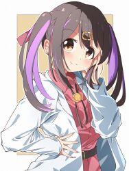 Rule 34 | 1girl, brown hair, coat, collared shirt, hair between eyes, hair ornament, hairclip, hand in own hair, hand on own face, hand on own hip, highres, lab coat, looking at viewer, multicolored hair, onii-chan wa oshimai!, orange eyes, outside border, oyama mihari, pink shirt, portrait, purple hair, shirt, smile, solo, square background, streaked hair, twintails, white coat, yairo ju