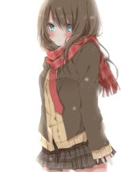 Rule 34 | 1girl, blue eyes, blush, brown hair, brown jacket, brown skirt, closed mouth, cowboy shot, enpera, hiro (hirohiro31), jacket, long hair, long sleeves, looking at viewer, necktie, open clothes, open jacket, original, plaid, plaid scarf, plaid skirt, pleated skirt, red necktie, red scarf, scarf, simple background, skirt, sleeves past wrists, solo, standing, white background