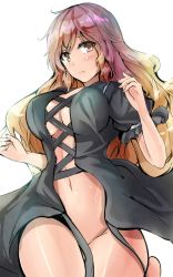 Rule 34 | 1girl, black dress, blonde hair, blush, bottomless, breasts, brown eyes, center opening, cleavage, closed mouth, cowboy shot, cross-laced clothes, cross-laced dress, dress, frown, gradient hair, highres, hijiri byakuren, large breasts, long hair, looking at viewer, multicolored hair, navel, one-hour drawing challenge, puffy short sleeves, puffy sleeves, purple hair, short sleeves, solo, stomach, touhou, wide hips, y2