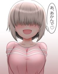 Rule 34 | 1girl, :d, blush, bob cut, breasts, breasts squeezed together, collarbone, commentary, covered eyes, facing viewer, fang, gradient background, hair over eyes, heart, highres, kiteman442, large breasts, long bangs, no eyes, nose blush, open mouth, pink background, pink shirt, shirt, short hair, silver hair, smile, solo, speech bubble, spoken heart, striped, sweatdrop, translated, upper body, uzaki-chan wa asobitai!, uzaki yanagi