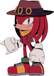 Rule 34 | 1boy, animal nose, arm at side, bandana, body fur, bottomless, brown hat, brown vest, clenched hands, closed mouth, cowboy hat, digimin, frown, full body, furry, furry male, gloves, hand up, hat, knuckles the echidna, long hair, looking at viewer, male focus, non-web source, official art, open clothes, open vest, purple eyes, red footwear, red fur, red hair, ring (sonic), sheriff badge, shoes, sidelocks, sideways mouth, simple background, solo, sonic (series), spiked gloves, standing, star (symbol), tail, the murder of sonic the hedgehog, transparent background, vest, yellow bandana, yellow gloves