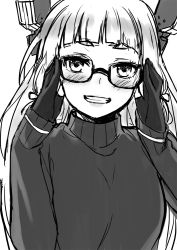 Rule 34 | 10s, 1girl, bespectacled, blunt bangs, blush, deras, glasses, gloves, greyscale, grin, headgear, kantai collection, long hair, looking at viewer, monochrome, murakumo (kancolle), sketch, smile, solo, sweater