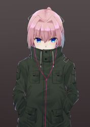 Rule 34 | blue eyes, breast pocket, buttons, commentary, covered mouth, earphones, green jacket, hair between eyes, hair intakes, hair ribbon, hands in pockets, jacket, kantai collection, long sleeves, looking at viewer, pink hair, pocket, ribbon, shiranui (kancolle), short hair, simple background, u yuz xx