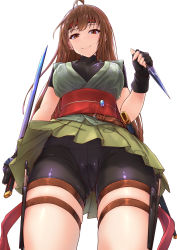 Rule 34 | 1girl, ahoge, belt, bike shorts, black gloves, black shorts, brown eyes, brown hair, closed mouth, dagger, dual wielding, fingerless gloves, from below, gloves, headband, highres, holding, holding sword, holding weapon, knife, knife belt, kunai, long hair, looking at viewer, ninja, original, red headband, reverse grip, shiny clothes, shorts, simple background, smile, solo, sword, thighlet, toriatto gununu, weapon, white background