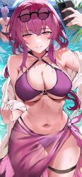 Rule 34 | 2girls, ass, bare shoulders, bikini, blush, breasts, chinese commentary, cleavage, collarbone, commentary request, eyewear on head, highres, holding, holding phone, honkai: star rail, honkai (series), kafka (honkai: star rail), large breasts, multiple girls, o-ring, o-ring bikini, off shoulder, outdoors, parted lips, partially submerged, phone, purple bikini, purple eyes, purple hair, see-through, shiben (ugvu5784), sidelocks, silver wolf (honkai: star rail), smile, solo focus, sunglasses, swimsuit, thigh strap, thighs, underboob, water