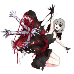 Rule 34 | 1girl, arm up, black dress, black flower, black gloves, blood, colored skin, dress, extra eyes, extra hands, eyepatch, flower, frilled dress, frills, gloves, grey background, grey hair, grey skin, horror (theme), kageshio (276006), long hair, monster, open mouth, original, red eyes, sharp teeth, simple background, sketch, slime (substance), solo, teeth, tongue, upper teeth only