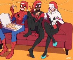 Rule 34 | 1girl, 2boys, animification, blonde hair, bodysuit, christmas, christmas lights, couch, crossed legs, cup, disposable cup, drinking straw, emblem, food, gwen stacy, hat, highres, hood, hooded bodysuit, looking at viewer, marvel, mask, miles morales, multiple boys, orange background, peter parker, pizza, pizza box, pizza slice, santa hat, smile, spider-gwen, spider-man, spider-man (miles morales), spider-man (series), spider web print, sushi pizza rrr