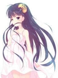 Rule 34 | 1girl, bare arms, bare shoulders, black hair, blue eyes, blush, collarbone, commentary request, covered mouth, dress, hair ornament, hand up, highres, long hair, looking at viewer, original, simple background, sleeveless, sleeveless dress, solo, sundress, very long hair, white background, white dress, yuku (kiollion)