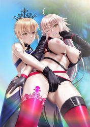 Rule 34 | 2girls, absurdres, ahoge, artoria pendragon (alter swimsuit rider) (third ascension) (fate), artoria pendragon (fate), belt, bikini, bikini pull, blonde hair, breasts, buckle, clothes pull, coconut tree, crown, fate/grand order, fate (series), fingering, gloves, groping, hair bun, highres, jeanne d&#039;arc alter (swimsuit berserker) (fate), jeanne d&#039;arc (fate), jeanne d&#039;arc alter (fate), jeanne d&#039;arc alter (swimsuit berserker) (fate), large breasts, midriff, multiple girls, neck ribbon, nipples, o-ring, o-ring bikini, one eye closed, palm tree, pussy, pussy peek, ribbon, single hair bun, sweat, swimsuit, tai (2vs), thigh strap, thighhighs, tree, white hair, yuri