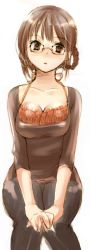 Rule 34 | 1girl, braid, breasts, brown eyes, brown hair, cleavage, curvy, glasses, own hands clasped, kanae funwa, original, own hands together, sitting, solo