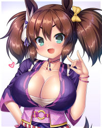 Rule 34 | 1girl, animal ears, blue background, blue eyes, blush, breasts, cleavage, collarbone, commentary request, fang, fox shadow puppet, gradient background, hair between eyes, hand on own hip, horse ears, horse girl, inari one (umamusume), japanese clothes, large breasts, looking at viewer, open mouth, outside border, parted bangs, pink sash, rope belt, sarashi, sash, simple background, solo, takeponi, umamusume, white background