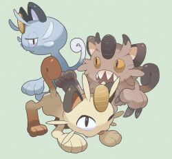 Rule 34 | alolan form, alolan meowth, black eyes, claws, commentary, creatures (company), fangs, fangs out, galarian form, galarian meowth, game freak, gen 1 pokemon, gen 7 pokemon, gen 8 pokemon, gogot, green background, highres, meowth, nintendo, no humans, one eye closed, open mouth, pokemon, pokemon (creature), sharp teeth, symbol-only commentary, teeth, tongue, tongue out