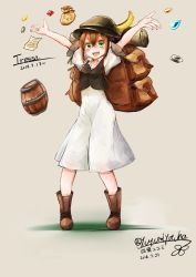 Rule 34 | 1girl, bag, brown hair, crossed bangs, dress, full body, green eyes, hat, highres, jewelry, looking at viewer, octopath traveler, octopath traveler i, open mouth, short hair, simple background, smile, solo, tressa (octopath traveler), yuyumi (yuurei)