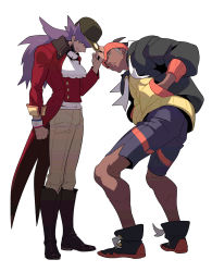Rule 34 | 2boys, ascot, baseball cap, beige pants, black hoodie, boots, brown hair, buttons, clenched hand, closed mouth, commentary request, creatures (company), dark-skinned male, dark skin, dynamax band, facial hair, game freak, gym leader, hand in pocket, hand on headwear, hat, head down, highres, hood, hoodie, kneepits, leon (pokemon), long hair, looking at another, male focus, multiple boys, nintendo, orange headwear, pokemon, pokemon swsh, purple hair, raihan (pokemon), redlhzz, shoes, shorts, side slit, side slit shorts, standing, tailcoat, white ascot