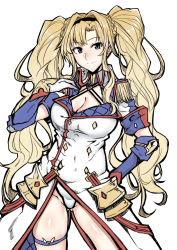 Rule 34 | 1girl, absurdres, blonde hair, blue eyes, bradamante (fate), bradamante (fate) (cosplay), bradamante (second ascension) (fate), braid, breasts, buttons, cleavage, cosplay, double-breasted, epaulettes, fate (series), gggg, gloves, granblue fantasy, groin, hairband, hand on own hip, highres, leotard, long hair, looking at viewer, simple background, smile, solo, thigh strap, twintails, very long hair, white background, white gloves, zeta (granblue fantasy)