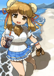 Rule 34 | 1girl, :d, bactrian camel (kemono friends), barefoot, beach, breast pocket, brown eyes, brown hair, bun cover, commentary request, cup, day, disposable cup, double bun, drinking straw, frilled skirt, frills, highres, holding, holding shoes, horizontal pupils, kemono friends, looking at viewer, medium hair, open mouth, outdoors, pocket, rinx, round teeth, sand, shirt, shoes, unworn shoes, short sleeves, skirt, smile, solo, teeth, upper teeth only, water, white shirt
