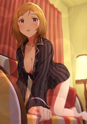 Rule 34 | 10s, 1girl, :o, all fours, bare legs, barefoot, blonde hair, blurry, blush, breasts, brown eyes, cleavage, collarbone, couch, curtains, cushion, dani-ikapi, depth of field, dress shirt, fringe trim, from below, idolmaster, idolmaster million live!, indoors, lamp, lens flare, long hair, long sleeves, looking at viewer, momose rio, nail polish, naked shirt, no bra, no pants, on couch, open mouth, pajamas, parted bangs, pink nails, shirt, solo, striped clothes, striped shirt, unbuttoned, vertical-striped clothes, vertical-striped shirt