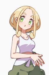 Rule 34 | 1girl, :o, belt, blonde hair, blush, breasts, commentary request, creatures (company), eyelashes, game freak, green eyes, green pants, green wristband, highres, hiisu (s-1104-d), nintendo, own hands together, pants, pokemon, pokemon xy, shirt, simple background, sleeveless, sleeveless shirt, solo, steepled fingers, viola (pokemon), white background, white belt, white shirt, wristband
