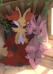 2others alternate_color bandana black_sclera braid claws closed_eyes closed_mouth colored_sclera creatures_(company) delphox fang frown furry game_freak gen_4_pokemon gen_6_pokemon highres lopunny makoto_ikemu multiple_others nintendo open_mouth pokemon pokemon_(creature) pokemon_mystery_dungeon red_eyes shiny_pokemon single_braid smile standing