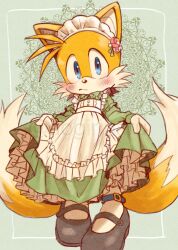 Rule 34 | 1boy, animal ears, animal nose, apron, blue eyes, blush, buttons, closed mouth, collared dress, crossdressing, dress, flower, fox boy, fox ears, fox tail, frills, full body, furry, furry male, gloves, green background, green dress, grey footwear, hands up, highres, long sleeves, looking at viewer, maid, maid headdress, male focus, male maid, misuta710, multiple tails, pink flower, pink rose, puffy long sleeves, puffy sleeves, rose, shoes, socks, solo, sonic (series), standing, tail, tails (sonic), two tails, white apron, white gloves, white socks, yellow fur