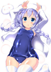 Rule 34 | 1girl, :3, :o, animal, animal ears, animal hood, animal on head, armpits, arms up, blue eyes, blue hair, blue one-piece swimsuit, blush, braid, breasts, collarbone, covered navel, cowboy shot, facing viewer, fake animal ears, gochuumon wa usagi desu ka?, hair ornament, hair over shoulder, hair tie, hairclip, highres, hip focus, hood, hoodie, kafuu chino, lens flare, long hair, long sleeves, looking at viewer, matching hair/eyes, naka (cheeseyeast), o o, old school swimsuit, on head, one-piece swimsuit, open clothes, open hoodie, parted lips, rabbit, rabbit on head, rabbit pose, school swimsuit, shiny clothes, simple background, small breasts, solo, surprised, swimsuit, thighhighs, thighs, triangle mouth, twin braids, white background, white thighhighs, x hair ornament