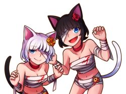 Rule 34 | 2girls, :d, animal ears, bandaged arm, bandaged head, bandages, bare shoulders, black hair, blood, blood stain, blue eyes, breasts, cat ears, cat tail, chocolate (rabi ribi), choker, claw pose, cleavage, collarbone, artistic error, eyes visible through hair, fang, flower, hair flower, hair ornament, halloween, halloween costume, hands up, looking at viewer, medium breasts, midriff, multiple girls, mummy costume, navel, one eye covered, open mouth, pumpkin, rabi-ribi, red choker, short hair, smile, speckticuls, tail, transparent background, vanilla (rabi ribi), white hair