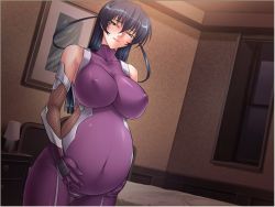 Rule 34 | 00s, 1girl, black hair, bodysuit, breasts, dutch angle, covered erect nipples, female focus, fishnets, game cg, green eyes, huge breasts, igawa asagi, impossible clothes, kagami hirotaka, large breasts, long hair, naughty face, ninja, pregnant, purple bodysuit, room, skin tight, smile, solo, standing, taimanin (series), taimanin asagi, tight clothes, unitard