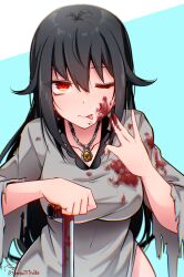 Rule 34 | 1girl, :p, absurdres, amebashi misaki (baileys (tranquillity650)), antenna hair, baileys (tranquillity650), black hair, blood, blood on clothes, blood on face, blood on hands, breasts, chain, chain necklace, collarbone, covered navel, dot nose, dress, grey dress, hair between eyes, highres, industrial pipe, jewelry, licking lips, long hair, medium breasts, medium hair, necklace, one eye closed, original, pendant, red eyes, signature, smile, solo, tongue, tongue out, twitter username, two-tone background, zombie