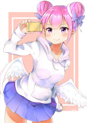 Rule 34 | 1girl, angel wings, arm up, artist name, blue skirt, blush, borrowed character, bow, breasts, cellphone, closed mouth, datenshi-chan (nanawo akari), double bun, feathered wings, hair between eyes, hair bow, hair bun, holding, holding phone, hood, hood down, hoodie, long sleeves, low wings, medium breasts, original, phone, pink eyes, pink hair, pleated skirt, purple bow, side bun, sidelocks, skirt, sleeves past wrists, smile, solo, star (symbol), sylphine, white hoodie, white wings, wings