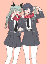 Rule 34 | 10s, 2girls, adapted costume, anchovy (girls und panzer), belt, black hair, blush, braid, brown eyes, drill hair, female focus, flat color, girls und panzer, green hair, hair ribbon, highres, holding another&#039;s hair, jacket, kani aruki (bucket crawl), locked arms, long hair, multiple girls, necktie, open mouth, orange background, pantyhose, pepperoni (girls und panzer), plaid, plaid scarf, pleated skirt, ribbon, scarf, school uniform, shared clothes, shared scarf, short hair, simple background, skirt, smile, surprised, twin drills, uniform