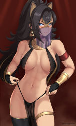 Rule 34 | 1girl, abs, absurdres, animal ears, bare shoulders, black hair, black panties, blue eyes, breasts, bridal gauntlets, choker, closed mouth, commentary, covered erect nipples, cowboy shot, crossed bangs, dark-skinned female, dark skin, dehya (genshin impact), earrings, english commentary, genshin impact, gluteal fold, high ponytail, highleg, highleg panties, highres, hioyami, jewelry, large breasts, long hair, looking at viewer, mouth veil, multicolored hair, nail polish, navel, panties, patreon username, pelvic curtain, revealing clothes, see-through, shiny skin, single thighhigh, skindentation, solo, thighhighs, thighlet, thighs, toned, two-tone hair, underwear, v-shaped eyebrows, veil, very long hair