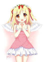 Rule 34 | 1girl, :d, bare arms, bare shoulders, blonde hair, blush, bow, collarbone, commentary request, cowboy shot, dress, feathered wings, flower, flower bracelet, frilled dress, frills, hair bow, hair flower, hair ornament, hair ribbon, hands up, head tilt, heart, heart hands, highres, layered dress, long hair, looking at viewer, open mouth, orange eyes, original, paw print, pink dress, pink ribbon, red bow, red ribbon, ribbon, shiny skin, signature, simple background, smile, solo, standing, sundress, tareme, two side up, white background, white wings, wings, xiaosamiao