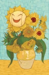 Rule 34 | ^ ^, closed eyes, creatures (company), fine art parody, flower, game freak, gen 2 pokemon, nintendo, no humans, open mouth, parody, pokemon, pokemon (creature), signature, smile, solo, sunflora, sunflower, sunflowers (van gogh), vase, zimmay