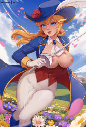 Rule 34 | 1futa, aristocratic clothes, ascot, blonde hair, blue eyes, blue sky, breasts, breasts out, bulge, covered penis, erection, erection under clothes, exlic, field, flower, flower field, futanari, gloves, hat, hat feather, hat flower, highres, holding, holding sword, holding weapon, mario (series), medium breasts, nintendo, nipples, pants, petals, princess peach, princess peach: showtime!, rapier, sky, smile, solo, sword, swordfighter peach, tight clothes, tight pants, weapon, white ascot, white gloves, white pants