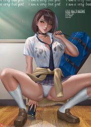 Rule 34 | 1girl, alexander dinh, azur lane, bag, baltimore (after-school ace) (azur lane), baltimore (azur lane), black bra, blush, bra, breasts, brown eyes, brown hair, camera phone, chalkboard, choker, clothes around waist, collarbone, english text, highres, large breasts, lips, looking at viewer, necktie, panties, pleated skirt, school uniform, see-through, short hair, skirt, smile, solo, squatting, sweater, sweater around waist, underwear, wet, wet clothes, white panties