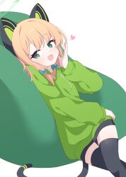 Rule 34 | 1girl, absurdres, animal ear headphones, animal ears, black thighhighs, blonde hair, blue archive, blue bow, blush, bow, cat tail, fake animal ears, green eyes, green halo, green hoodie, hagoonha, hair bow, halo, headphones, heart, highres, hood, hoodie, long sleeves, looking at viewer, midori (blue archive), open mouth, short hair, simple background, smile, solo, tail, thighhighs, white background