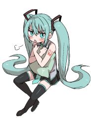 Rule 34 | 1girl, puff of air, aqua eyes, aqua hair, aqua necktie, black footwear, black ribbon, black skirt, blush, boots, collared shirt, commentary, cowlick, derivative work, dokan (dkn), dot nose, full body, furrowed brow, grey shirt, hair between eyes, hair ribbon, hatsune miku, holding, holding pillow, invisible chair, long hair, looking at viewer, miniskirt, necktie, neon trim, number tattoo, open mouth, pillow, pleated skirt, ribbon, shirt, shoulder tattoo, sidelocks, simple background, sitting, skirt, sleeveless, sleeveless shirt, solo, straight hair, tattoo, thigh boots, thighhighs, twintails, very long hair, vocaloid, white background, zettai ryouiki