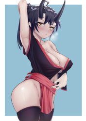 Rule 34 | 1girl, absurdres, arm up, armpits, black hair, black nails, black thighhighs, blue background, blush, breasts, breath, cleavage, commentary, cowboy shot, demon horns, groin, highres, horns, large breasts, looking at viewer, medium hair, midriff, nail polish, navel, no panties, off shoulder, orange eyes, original, panamuru, parted lips, ponytail, sash, simple background, sleeveless, solo, sweatdrop, thighhighs, thighs