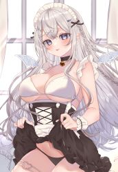 Rule 34 | 1girl, absurdres, aibanesuu (vtuber), apron, bell, black choker, black panties, blue eyes, blush, braid, breasts, chitose (chi candy), choker, cleavage, clothes lift, commentary request, curtains, detached wings, dress, dress lift, frills, grey hair, hair ornament, highres, indie virtual youtuber, large breasts, long hair, looking at viewer, maid, maid apron, maid headdress, mini wings, navel, neck bell, panties, solo, stomach, tongue, tongue out, unconventional maid, underboob, underwear, very long hair, waist apron, white apron, white wrist cuffs, window, wings, wrist cuffs