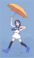 Rule 34 | &gt;:d, 1girl, black thighhighs, blue background, blue footwear, blue hair, boots, character name, dated, frog, full body, gloves, green eyes, hair ribbon, highres, holding, holding umbrella, kantai collection, long hair, looking at viewer, low twintails, nakaaki masashi, neckerchief, rain, ribbon, rubber boots, school uniform, serafuku, simple background, sleeveless, solo, suzukaze (kancolle), thighhighs, twintails, twitter username, umbrella, v-shaped eyebrows, white gloves