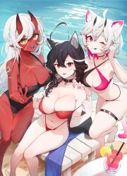 Rule 34 | 3girls, :3, adjusting clothes, adjusting swimsuit, ahoge, akumi (yoclesh), animal ears, bare legs, bare shoulders, barefoot, beach, bell, bench, bikini, black choker, black hair, black nails, black one-piece swimsuit, braid, braided sidelock, breasts, cat ears, choker, cleavage, closed mouth, collarbone, colored inner hair, colored skin, commentary, criss-cross halter, double-parted bangs, downblouse, drink, drinking straw, english commentary, fingernails, from above, groin, hair between eyes, hair over shoulder, halterneck, hand on another&#039;s shoulder, hands up, highleg, highleg bikini, highres, horns, indie virtual youtuber, knees together feet apart, large breasts, leaning forward, leaning to the side, licking lips, light blush, long fingernails, long hair, looking at viewer, magenta hair, medium breasts, medium hair, momote, momote (vtuber), multicolored hair, multiple girls, multiple scars, nano (nanoless), navel, neck bell, ocean, one-piece swimsuit, one eye closed, oni horns, open mouth, pink hair, pointy ears, red bikini, red eyes, red nails, red skin, sand, scar, side-tie bikini bottom, sitting, skindentation, smile, standing, standing on one leg, strap pull, streaked hair, string bikini, swimsuit, tail, thigh gap, thigh strap, toes, tongue, tongue out, two-tone bikini, vyugen, w, water, white hair, yellow eyes