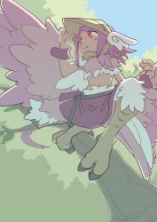 Rule 34 | 1girl, adjusting clothes, adjusting headwear, animal feet, belt, bird legs, branch, commentary request, feathered wings, feathers, gradient wings, harpy, helmet, highres, in tree, midriff, monster girl, multicolored wings, original, parted lips, pink eyes, pink feathers, pink hair, pink wings, san setu, skirt, solo, squatting, talons, tree, visor cap, white feathers, winged arms, winged helmet, wings