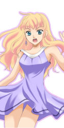 Rule 34 | 00s, 1girl, :o, blue eyes, dress, long hair, looking at viewer, macross, macross frontier, open mouth, purple dress, sheryl nome, simple background, sleeveless, sleeveless dress, solo, sundress, thigh gap, very long hair, white background